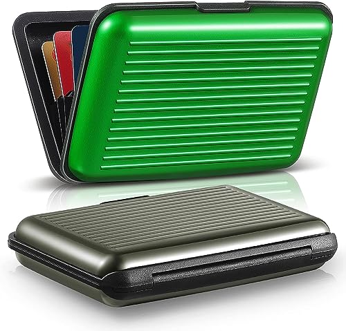 2 Pieces Credit Card Holder Slim Mini RFID Blocking Credit Card Protector Aluminum Business Card Case for Women Men (Green, Gray)