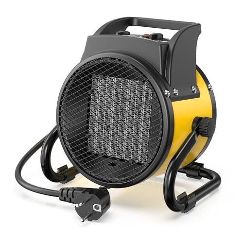 DAHTEC Heizlüfter 2000 Watt Keramik Heizstrahler Elektroheizer Bauheizer Bautrockner mit Thermostat Heizgerät mit 3 Heizstufen für Baustellen, Hausgebrauch, Werkstatt,Garage