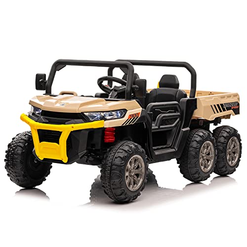 POSTACK 24v 2-Seater 6-Wheeler Electric Dump Truck for Kids 6X6 Ride On Car with 6 Wheels Battery Powered Off-Road Vehicle Side by Side UTV for 3-6 Years Kids to Drive with Remote Control, Khaki