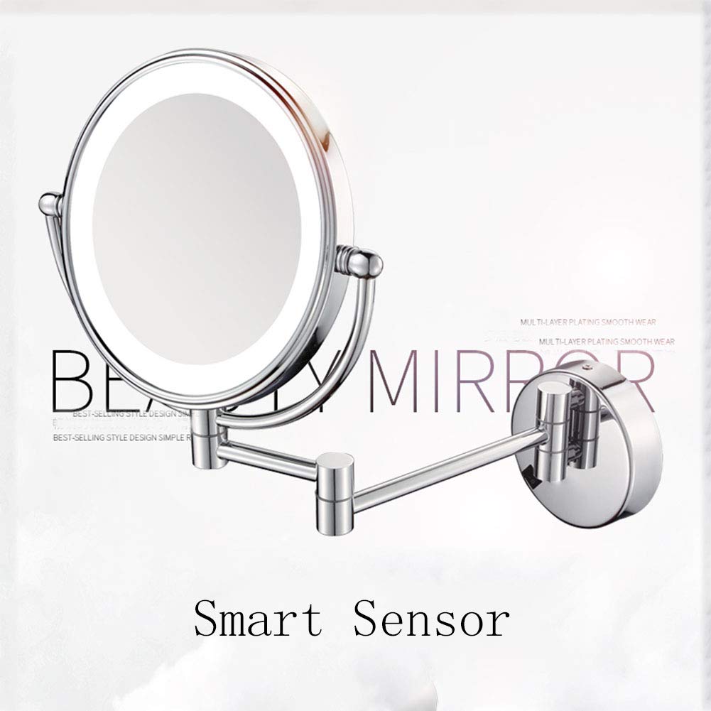 Espejo de Maquillaje, Espejo de maquillaje montado en la pared con aumento, espejo de tocador de baño de dos caras premium de 8 pulgadas con luz LED, giratorio de 360 grados, brazo extensible, redondo