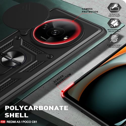 Image of AESTMO Tough Armor Redmi A3 / A3X / Poco C61 Bumper Back Case Cover | Ring Holder & Sliding Camera Shield Cover | 360 Degree Protection Back Case Cover for Redmi A3 / A3X / Poco C61 (Black)