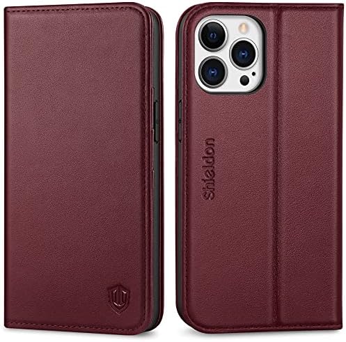 SHIELDON Flip Case for iPhone 13 Pro, Genuine Leather Wallet Case [Card Slots][RFID Blocking][Kickstand]TPU Shockproof Magnetic Protective Folio Cover Compatible with iPhone 13 Pro 6.1" 5G 2021, Black