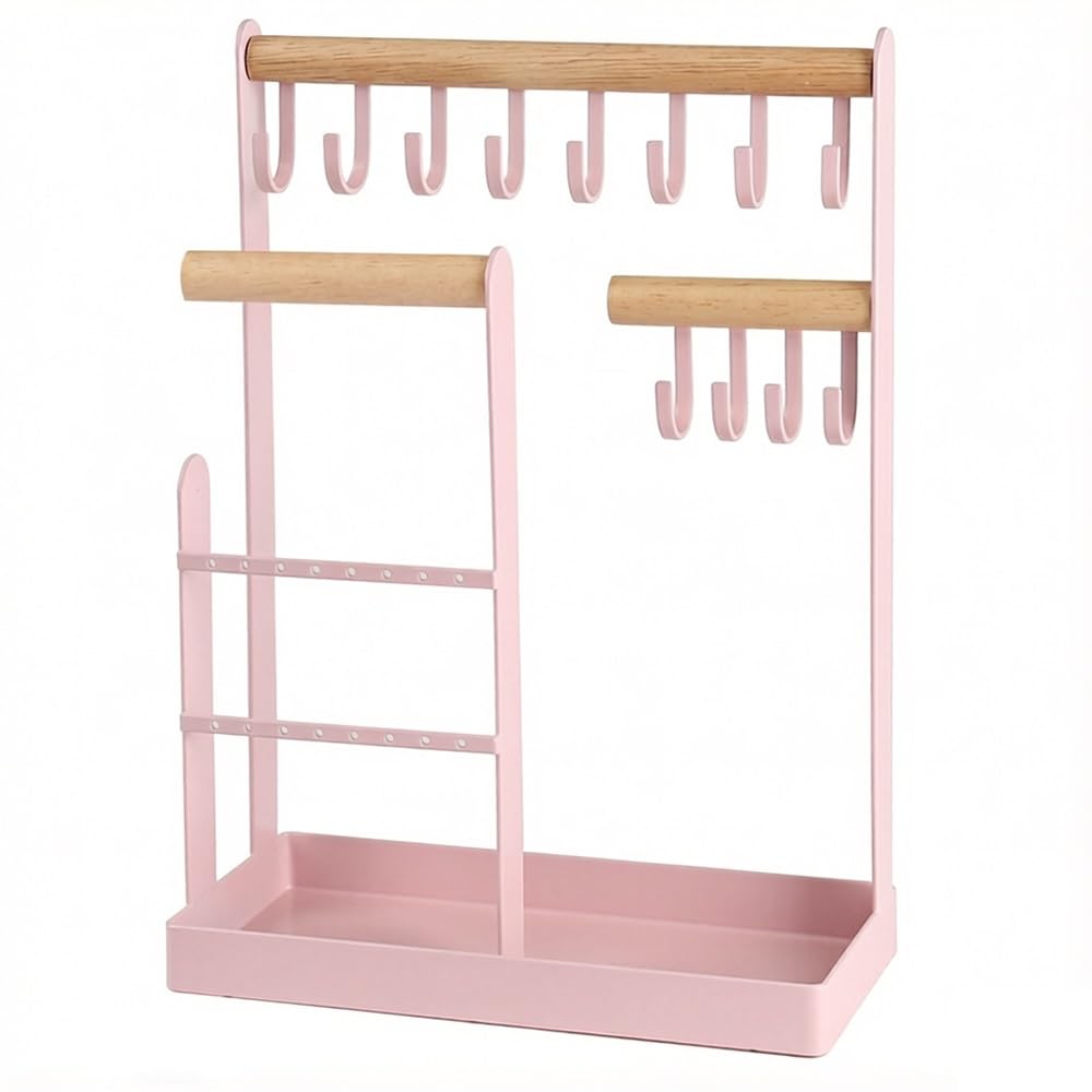 FAJNUZI2024 Jewellery Display Stand Wooden & Metal Jewelry Organizer Stand with Hooks Tray for Necklaces Earrings Bracelets(Pink)