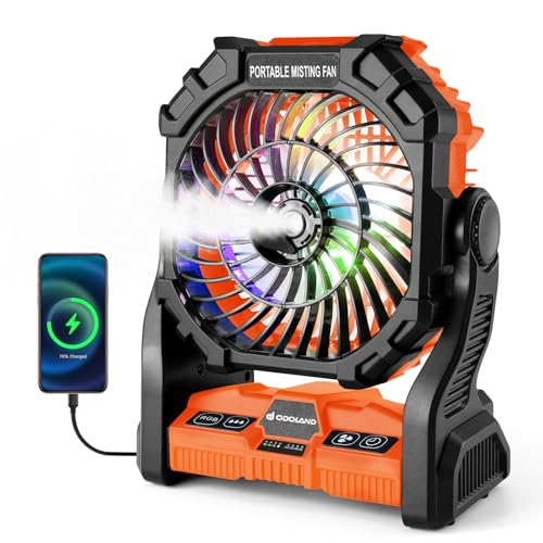 Odoland Portable Misting Fan, Camping Fan with Light & 250mL Water Tank,10000mAh Battery Operated Rechargeable Mister Tent Fans with Hook, Cooling Mist Fans for Outdoor Patios Beach RV Car S