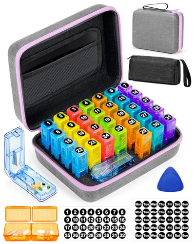 Image of Monthly Pill Organizer 2 Times a Day with Weekly Pill Bags, Portable Hard Shell Case, Pill Cutter & Opener Pick, Monthly and Weekly Stickers for Medication Management (Purple, 2 Times a Day)