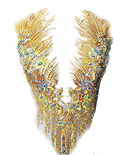Patchs Brodés en Dentelle 3D avec Perles en Relief et Strass - Idéal pour Loisirs Créatifs, Encolure et Corsage pour Robe de Mariée ou de Bal - A2AB, doré, A