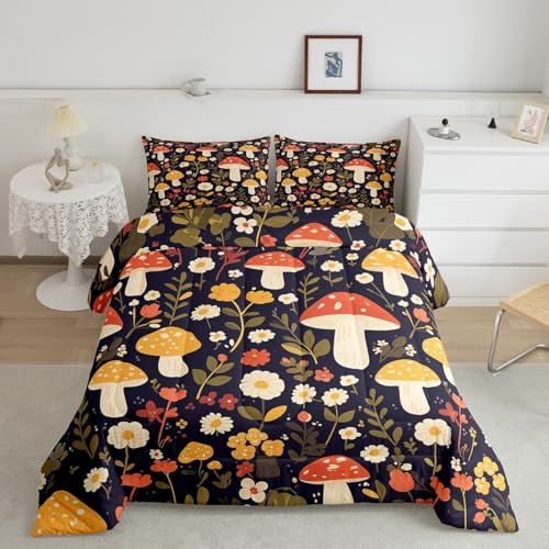 Feelyou Mushroom Comforter Natural Wild Fungus Comforter Set for Kids Boys Girls Botanical Plants Bedding Set Soft Bed Set Twin Size