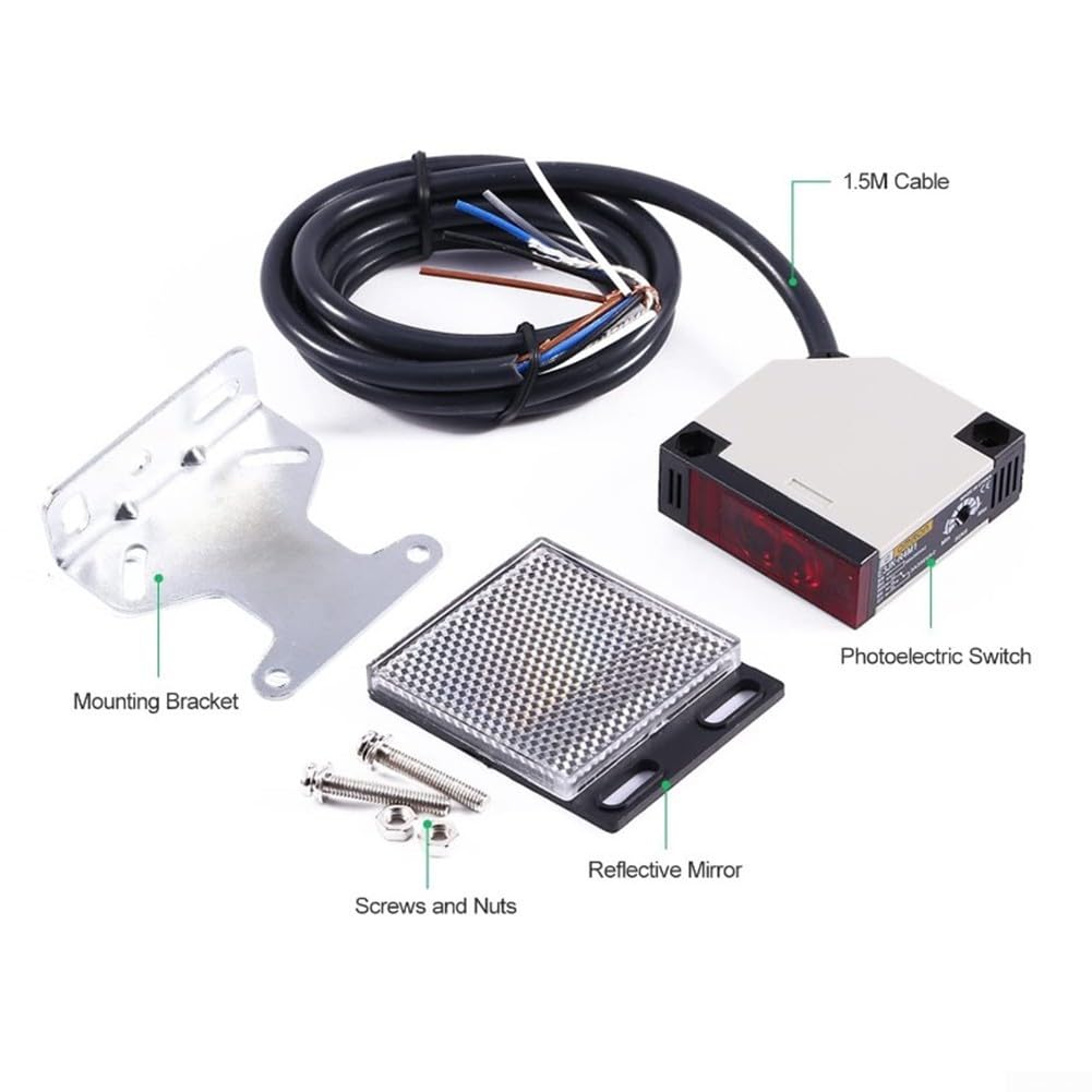 Fotodioden-Schalter mit Reflektor für E3JK-R4M1, 12-24 VDC Lichtschranke einstellbar bis 4 m, Infrarot-Sensor mit LED-Anzeige für Industrie und Logistik, 2 Stück Schwarz Weiß