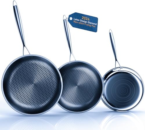 Kiseely Hybrid Bratpfanne Set 26cm+28cm+30cm, Pfannenset Skillet 3-teiliges Set, Beschichtete Pfanne Induktion für alle Kochplatten, mit kühlbleibendem Griff, spülmaschinen- und ofenfest (OR8)