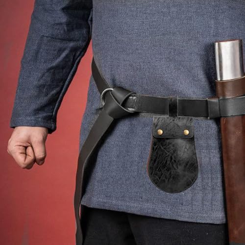 Image of Leather Belt Pouch Medieval Vintage Renaissance Viking LARP Cosplay Costumes Drawstring Coin Purse Phone Holder Waist Bag (Half-Black)
