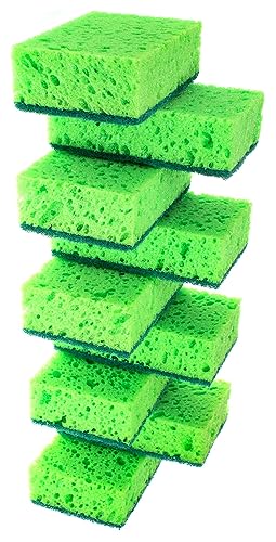 Image of Green Multi Use Scrub Sponge. Made in Europe. 9 Pack, 4.3x2.8x1.4 inches. Odorless Heavy Duty and Non Scratch Fiber. Best, Durable, Delicate, Porous, Non Cellulose Kitchen Sponges and Scrubbers