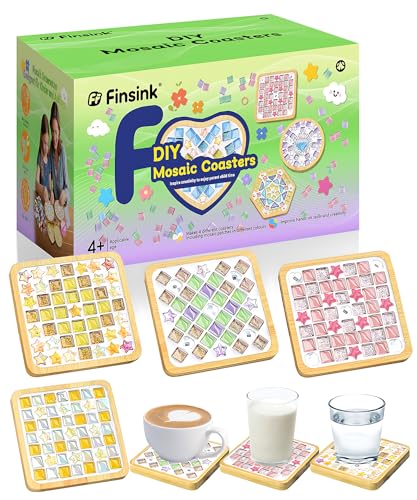 Finsink 4 Kit Mosaïque Adulte DIY Bois Dessous de Verre en Mosaïque Kit Loisirs Créatif Convient comme cadeau d'anniversaire pour les enfants de 5 ans et...