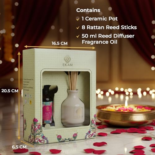 Image of EKAM Reed Diffuser Set 50ml | Rose & Lily Aroma Diffuser with 8 Reed Sticks | Long-Lasting, Smoke-Free Room Freshener | Stress Relief & Aromatherapy | Ideal for Festivals, Home Decor,Office & Gifting