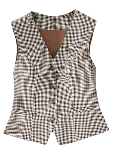 SweatyRocks Womens Sleeveless V Neck Button Down Vintage Plaid Suit Vest Waistcoat Jackets Multicolor A Small