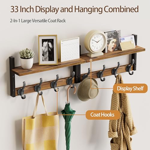 Image of 33 inch Coat Rack Wall Mount with Shelf, Entryway Wall Hooks with Shelf, Heavy Duty Coat Hanger Wall Mount for Living Room, Bedroom, Rustic Brown & Black