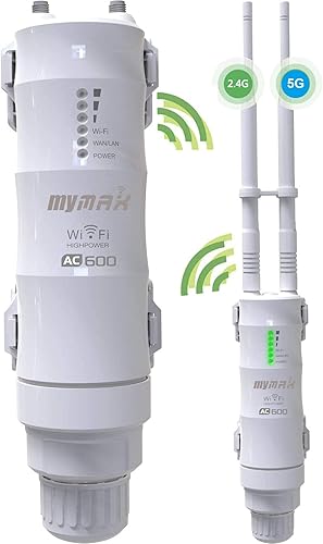 Extensor WiFi de largo alcance AC600 para exteriores con puerto Ethernet, MyMAX WN570HA1 de doble banda 2.4+5GHz 600Mbps resistente a la intemperie