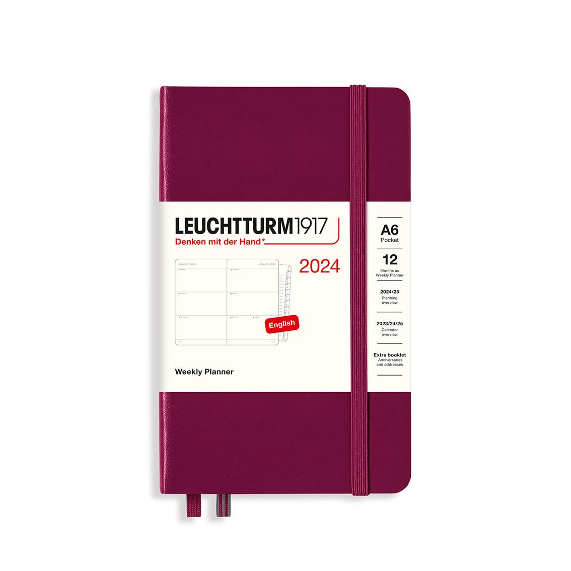 LEUCHTTURM1917 367630 Weekly Diary Pocket (A6) 2024, 12 Months, Port Red, English