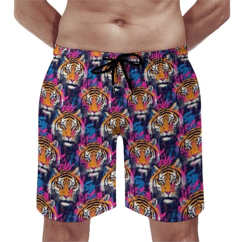 Hawaiian Shorts for Men - Comfy Cool Tiger Pink Graffiti Print Mens Swim Trunks Bathing Suits with Mesh Lining
