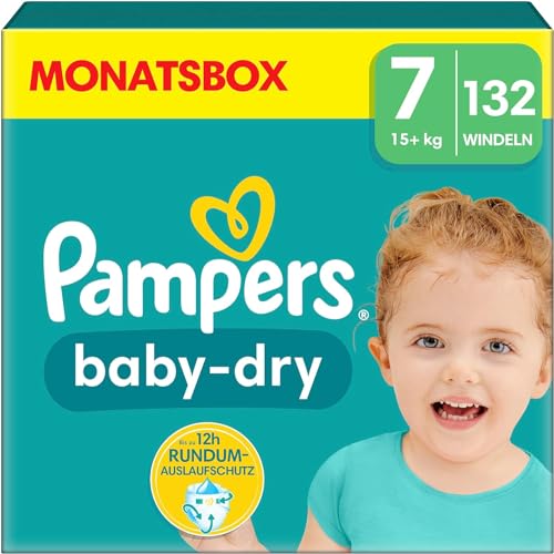 Pampers Windeln Größe 7 (15kg+) Baby-Dry, Extra Large, MONATSBOX, bis zu 12 Stunden Rundum-Auslaufschutz, (1er Pack) 132 Stück