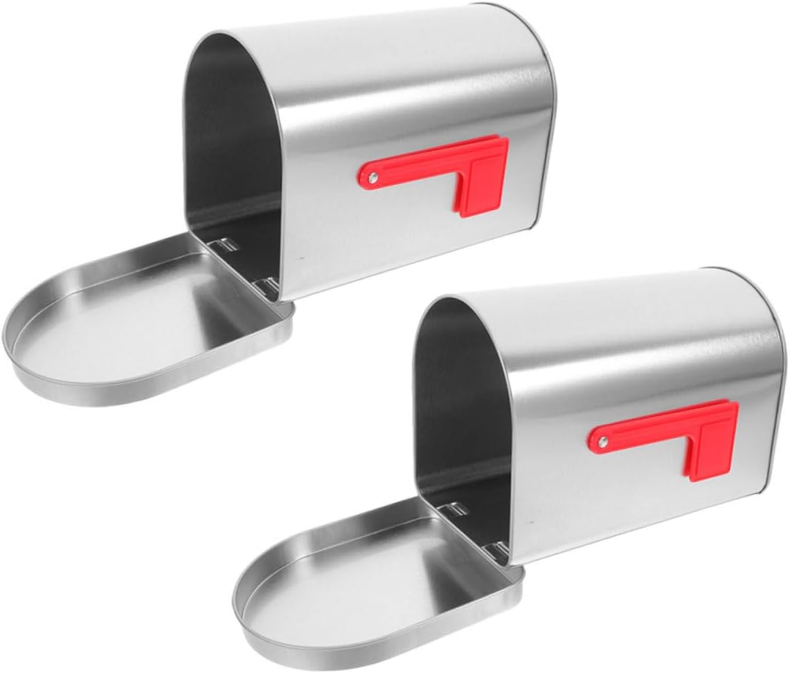 VOSAREA 2Pcs Silver Tinplate Post Mount Mailbox Decorative Box for Home | Outdoor Tin Container with Lid, Sturdy Organizer, Boys and Girls Studies and Anniversaries, Silver Metal Finish