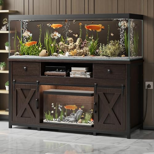 75-120 Gallon Aquarium Stand, Sturdy Aquarium Tank Rack with Power Outlet, Rustic Farmhouse Design, 1000-Pound Weight Capacity, Thick Solid Wood Construction,Walunt