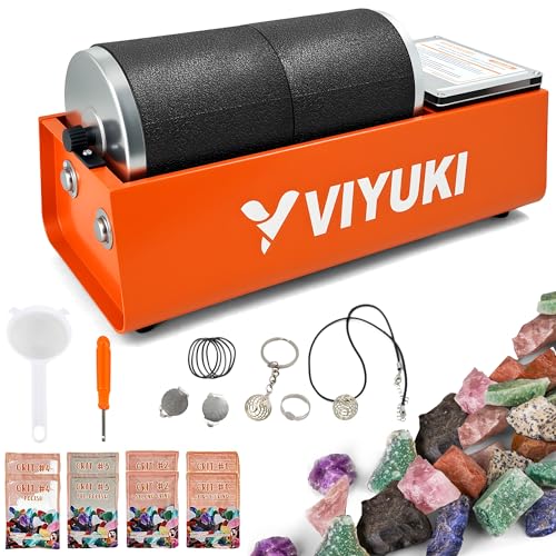 VIYUKI Professional Rock Tumbler Kit - Double Drum 6LB Lapidary Polisher for Adults (Double Barrel), Includes Rough Gemstones, 8 Polishing Grits, Jewelry, Learning Guide, Great Stem Science Kit