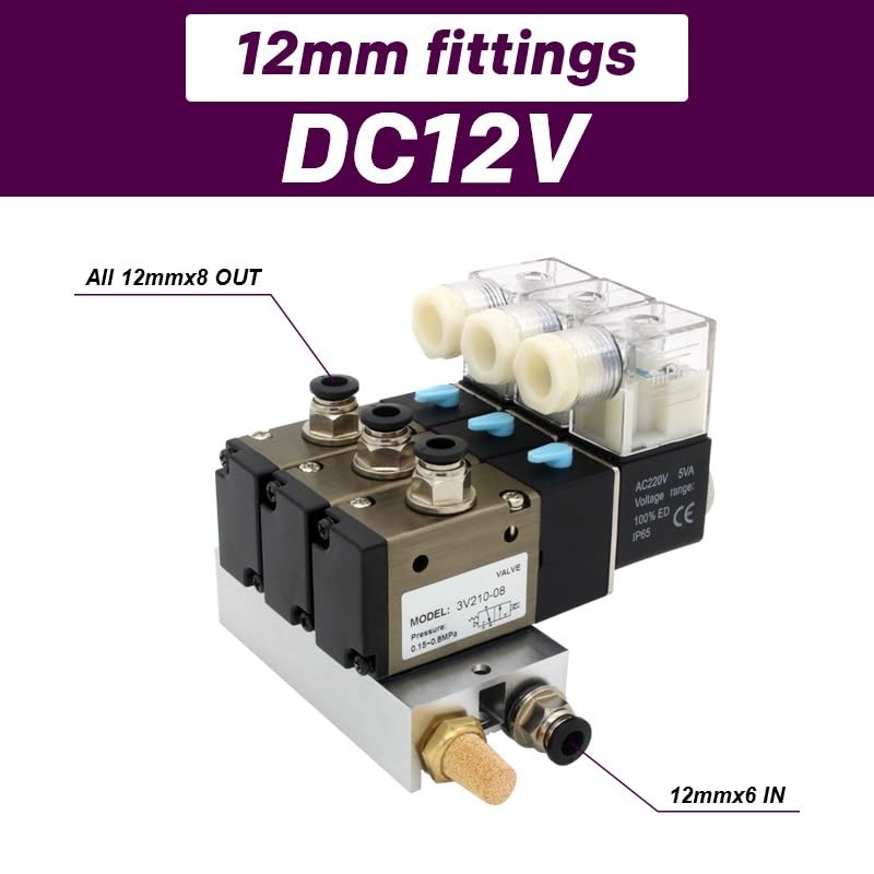 Válvula solenoide 3V210-08-NC con colector de 8 estaciones DC12V y rácor de 12mm 3