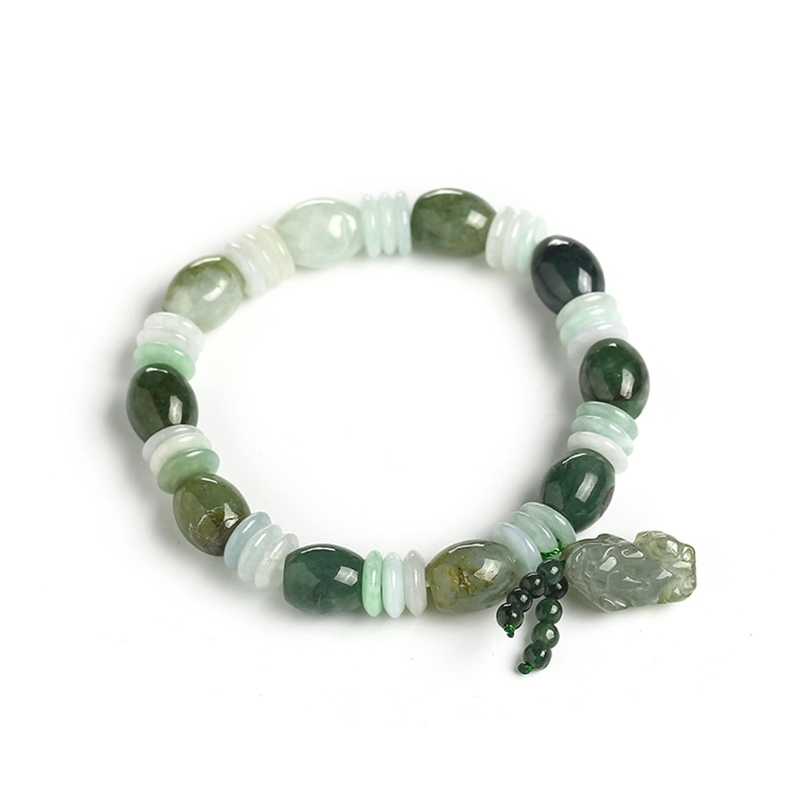 Feng Shui-Armband, natürliche Jade-Jadeit-Perle der Güteklasse A, runde Perle mit handgeschnitztem Pixiu-Charm-Gliederarmband, elastischer Armreif für Männer und Frauen,
