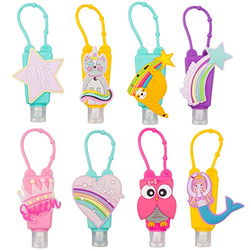 8 Sets Silicone Hand Cleaner Holders- Empty Travel Keychain Carriers with Hand Refillable Bottles Mini Detachable Kids Portable Plastic Leak Proof Liquid Soap Bottles for Travel Daily Use (Style 2)