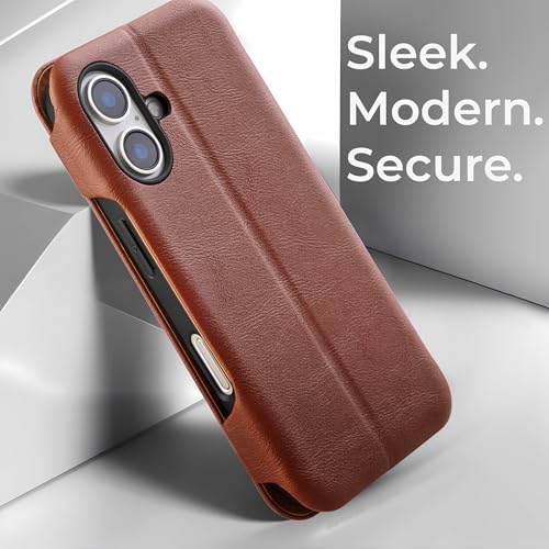 Image of PULOKA - Sleek Flip Case- Compatible for iPhone 16 Plus- Premium Vegan Leather Phone Cover with Card Slot - Slim, Durable, Privacy Protection - Kickstand Function - Elegant Flip Wallet Cases- (Brown)