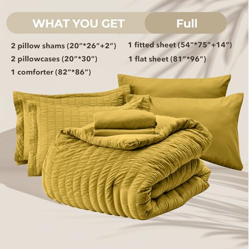 Image of HYMOKEGE Mustard Yellow Full Size Comforter Sets Seersucker 7 Pieces, All Season Luxury Bed in a Bag for Bedroom, Bedding Set with Comforter, Sheets, Pillowcases & Shams
