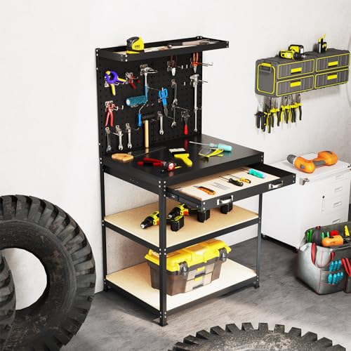 Goplus 32" x 16" Workbench, Heavy-Duty Work Table with 2 PCS Pegboard, Drawer & 4 Shelves, 19 Hanging Hooks, 495LBS Capacity, Metal Tool Work Bench for Garage, Workshop, Home - Image 9
