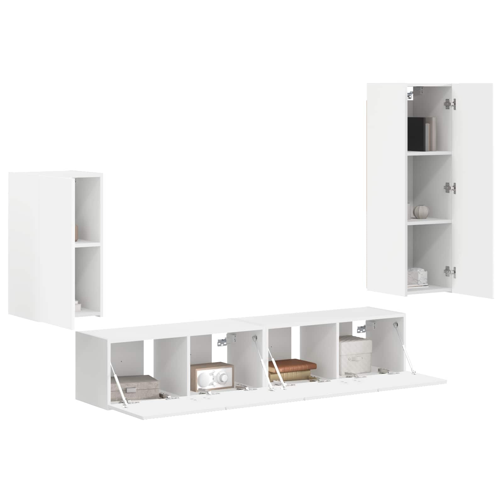 Set di mobili per TV, montaggio a parete, 4 pezzi, bianco, in legno
