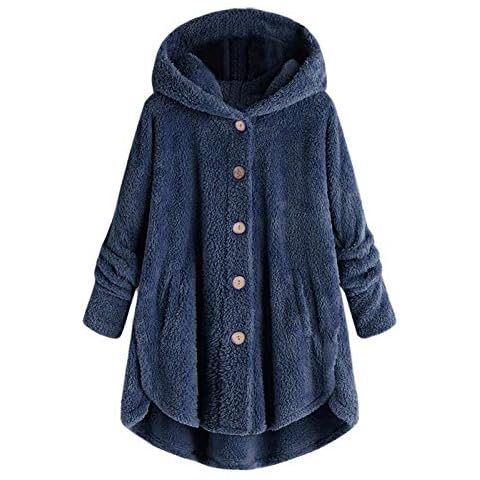 YAnGSale Top Women Woolen Coat Plus Size Outwear Warm Winter Jacket Button Plush Hooded Tops Loose Cardigan Wool Coat Blouse (Navy, XXXXXL) Cover