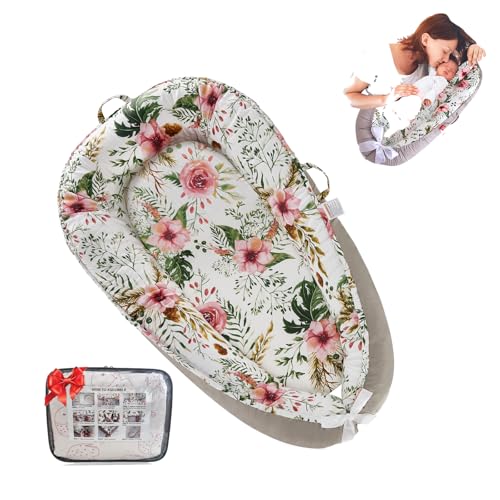 Image of Loevin Baby Lounger for Newborn (0-24 Months)-100% Cotton Baby Nest Adjustable Size, 2-in-1 Play Mat & Diaper Changing Pad, Portable for Home&Travel, Infant Essentials Gifts(Grey-Edged Flower Bouquet)