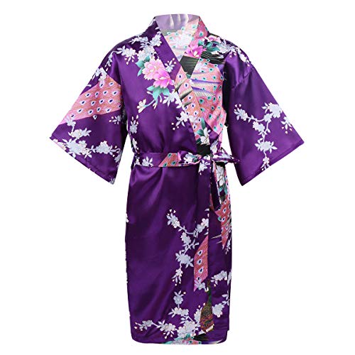 ranrann Kids Girls Stain Kimono Robe Peacock Flower Robe Bathrobe Nightgown Sleepwear Spa Wedding Birthday Party Purple 7-9
