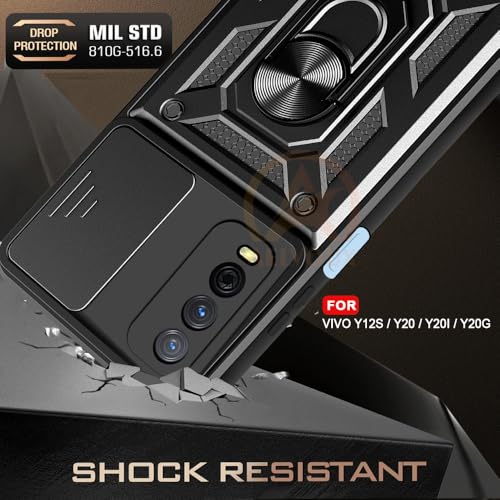 Image of Armor Bumper Back Cover Case for Vivo Y12s / Y20 / Y20i / Y20G | Rotating Camera Cover, Ring Holder & Kickstand | Heavy Duty & 360 Degree Protection Back Cover (Black)