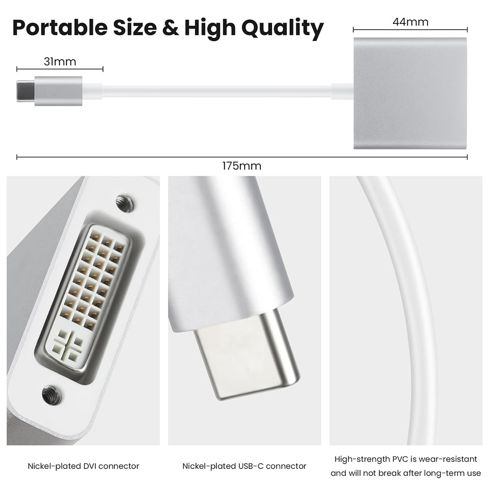 AXFEE Adattatore da USB C a DVI, Adattatore DVI 4K, Compatible Con MacBook Air/i-Pad Pro 2018, MacBook Pro 2018/2017, Samsung Galaxy S10/S9, Surface Book 2 -Argento