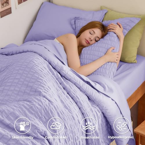 Image of HYMOKEGE Light Purple Twin Comforter Set Seersucker 5 Pieces, All Season Luxury Bed in a Bag for Bedroom, Bedding Set with Comforter, Sheets, Pillowcase & Sham