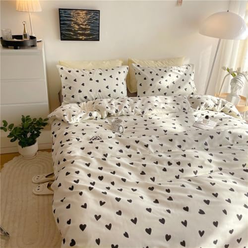 Image of Nayoroom Black and White Heart Duvet Cover Full Size Black Hearts Printed on White Bedding Set 3 Pcs Cute Kawaii Soft Breathable Microfiber Comforter Cover Valentine Gifts for Kids Girls