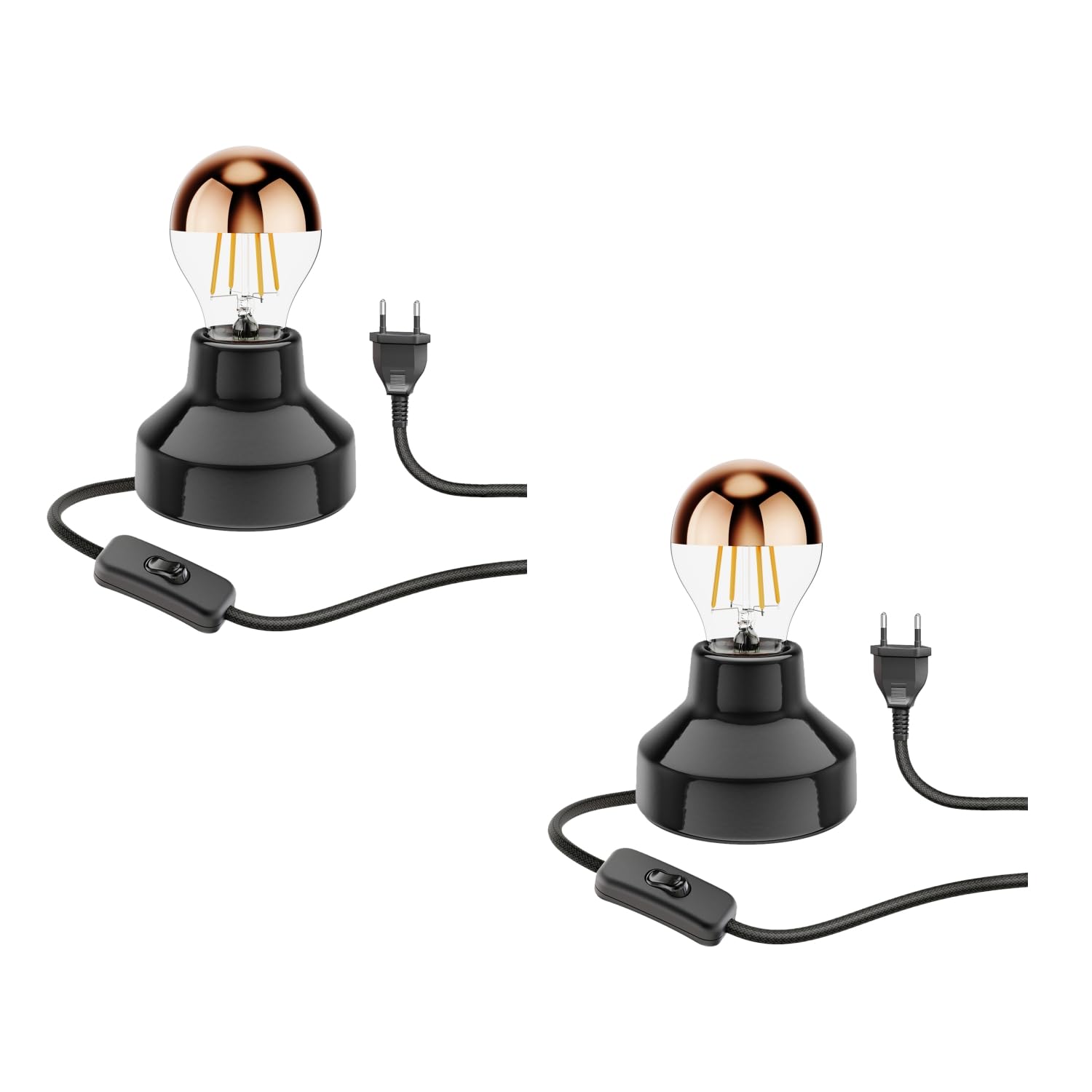 ledscom.de 2x Porzellan Tischlampe TIX, rund, Stecker, Schalter, schwarz + LED Lampe, 839lm, warmweiß