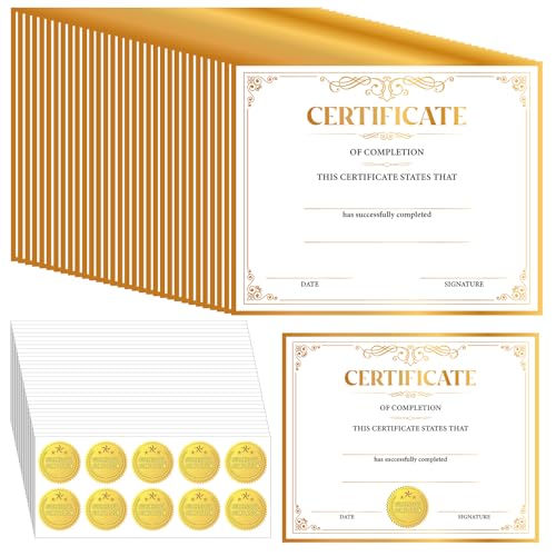 Yeaqee 200 Pcs Certificate of Completion Certificate Paper with Gold Sticker Seals Pre Printed Award for Graduation Diploma Achievements Students Teachers Employees Gift, 8.7 x 11 Inch