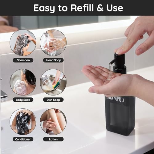 Image of Segbeauty 16.9oz Black Large Plastic Soap Dispenser Bathroom, 3pcs Large Capacity Refillable Shampoo and Conditioner Dispenser, 500ml Body Lotion Bottle, Pre-printed Square Empty Gel Cream Pump Bottle