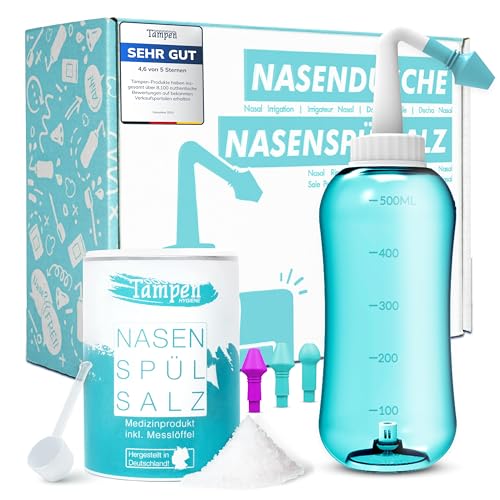 Tampen Nasendusche Erwachsene & Kinder – inkl. 120x Premium Nasenspülsalz (300g), Messlöffel & 3 Aufsätze – Nasenspülkanne - Nasenspülung mit Nasensalz für schonende Nasenreinigung - Nasal Rinse 1