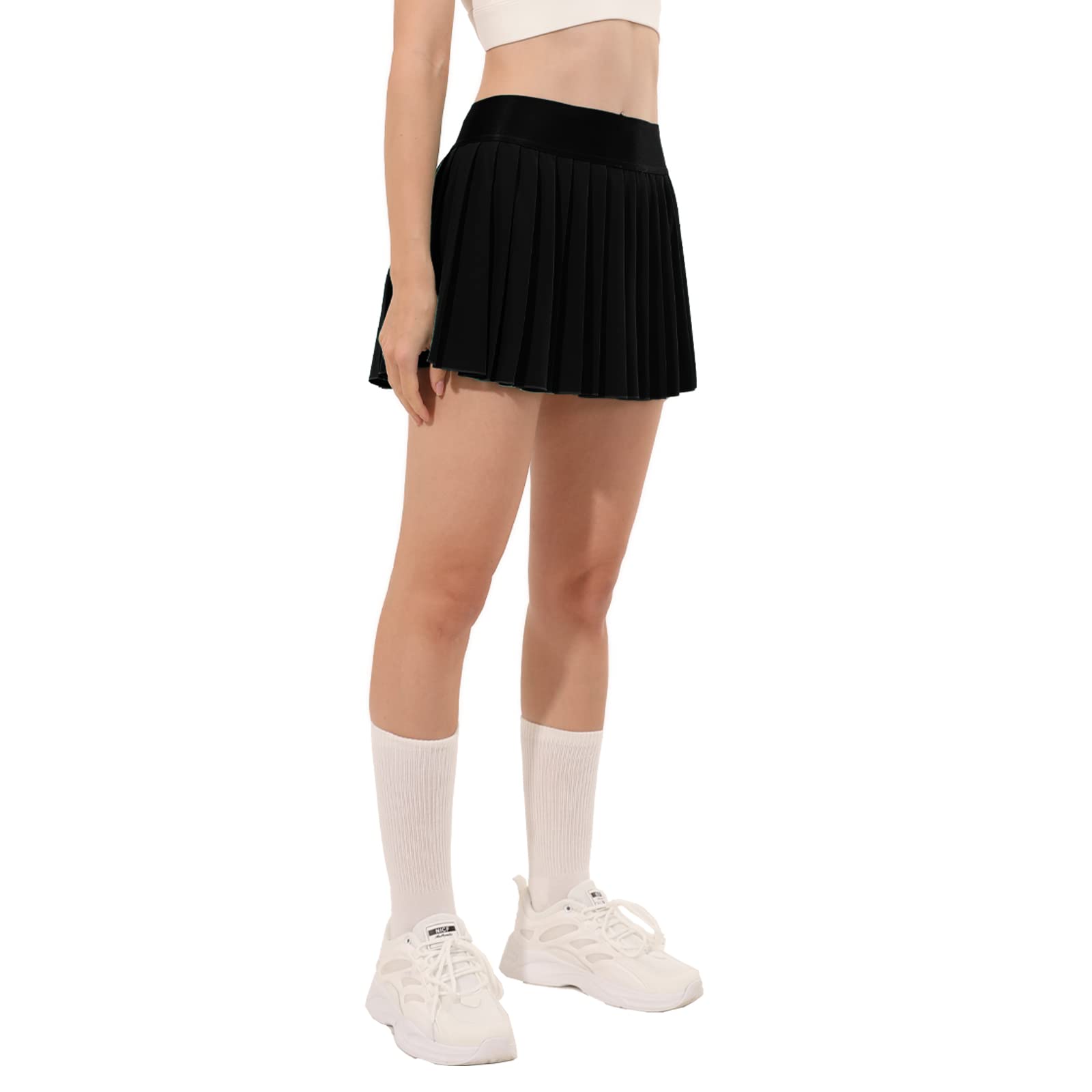Falda de tenis plisada para mujer, pantalones cortos integrados, faldas atléticas de cintura alta, con bolsillos, holgada, casual, Negro -, Large