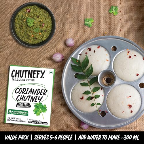 Image of Chutnefy Coriander (Dhaniya) Chutney | 100% Natural Ingredients | Pack of 1 * 75gms (Dry) | Add Water to make 300ml | 5-6 Servings | No Preservative | Authentic South Indian Recipe for Indian Tiffins