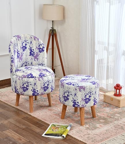 Image of NACIA Velvet Printed Ottoman Chair with Stool Combo | Dressing Table Chair for Bedroom Makeup Room Decor | Modern Upholstered Ottoman with Wooden Legs for Living Room & Home (18x18x32 Inches, White)
