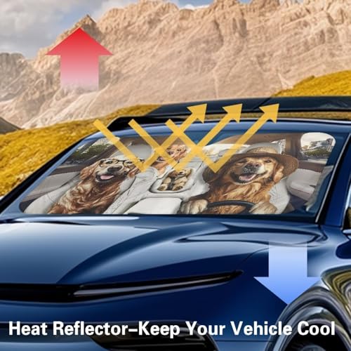 Image of Car Windshield Sunshade - Foldable Funny Golden Retriever Driving Car Windshield Sun Shade for Front Window for Most Sedans SUV Truck - Auto Sun Heat and UV Rays Blocker