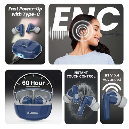 Image of AROMA TWS4 Jaguar V5.4 True Wireless Earbuds, Midnight Blue & Grey | Up to 60H Playtime, ENC, Fast Charging, Heavy Bass, Dual Pairing & Auto Connect