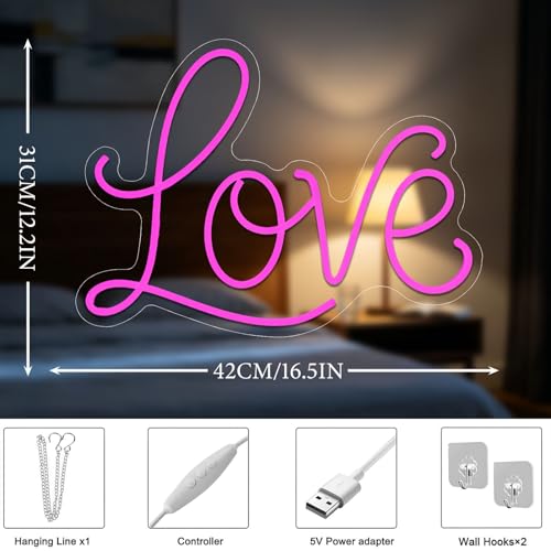Image of Love Neon Sign Pink Neon Light Love Led Wall Signs USB Powered Light Signs for Girl Bedroom Christmas Valentine's Day Mother's Day Wedding Wall Decor